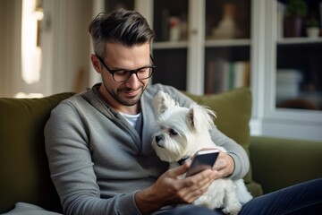 Relax casual male with his lapdog spending happiness time together at home,male social media smartphone while his best friend chihuahua dog laying down on her body together