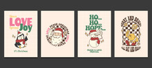 Merry Christmas Greeting Cards With Retro Cartoon Characters Style, Vector Illustration