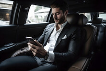 Handsome Businessman Sitting In Luxury Car And Texting With Client On Phone, Young Attractive Businessman In Formal Using Smartphone While Sitting On Back Seat Of Business Car