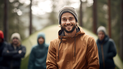 Wall Mural - Portrait of smiling man in front of a tent during vacation, group of people camping in forest relaxing on vacation