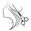 Scissors and woman face silhouette with curls of hair. Beauty salon and hair salon symbol