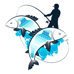 Fisherman with fishing rod and catch of fish design for fishing