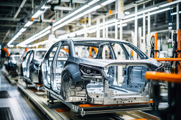 automobile plant. Assembling the body of a car on a conveyor. Modern technology for the production of cars.