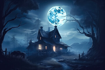 Wall Mural - Halloween pumpkins near a tree in a cemetery with a scary house. Halloween background at night forest with moon and bats.