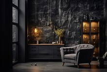 Luxury Living Room In Dark Color. Gray Walls, Warm Ligh And Lounge Furniture - Taupe Chairs. Empty Space For Art Or Picture. Rich Interior Design. Mockup Of A Room Or Hall. 3d Rendering