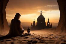 Muslim Woman In Hijab Sitting In A Sandy Cave With A Mosque In Front