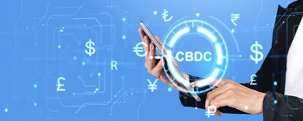 Poster - Businesswoman using tablet with CBDC hud with diverse currencies
