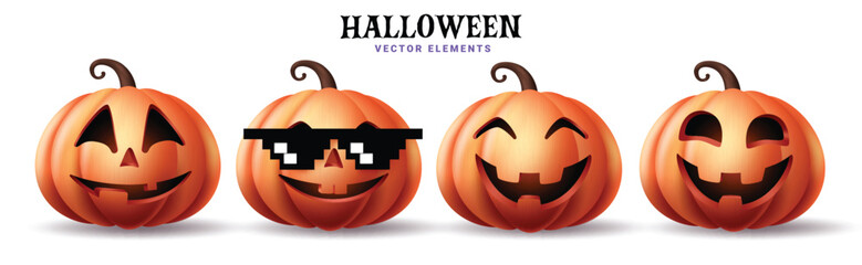 Poster - Halloween pumpkins orange set vector design. Halloween pumpkin elements in happy, funny and cute face expression isolated in white background. Vector illustration pumpkins orange collection.
