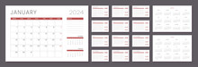 Set Of Monthly Pages Calendar Planner Templates 2024-2025 With Note. Vector Layout Of A Wall Or Desk Simple Calendar With Week Start Monday In Grey And Red Color For Print.