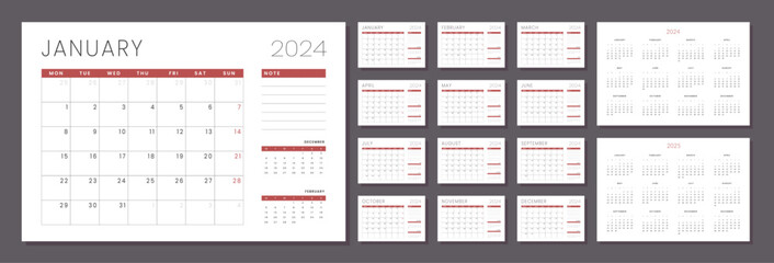 Wall Mural - Set of Monthly pages Calendar Planner Templates 2024-2025 with note. Vector layout of a wall or desk simple calendar with week start Monday in grey and red color for print.