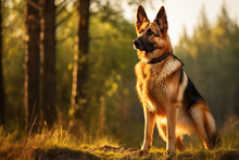 A German Shepherd Standing In The Sunlight, Attentively Gazing Into The Distance