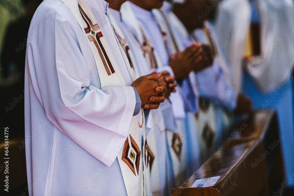 Hands of the priest during the celebration of the Holy Communion. Stock ...