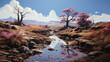 Hyper-realistic fantasy moor with purple landscape and rocky pathways.
