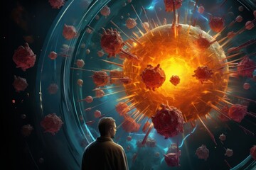 Wall Mural - Businessman standing on a path leading to a virus. 3D rendering