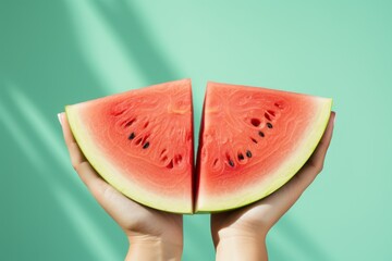 Wall Mural - Female hands with slices of ripe watermelon on green background