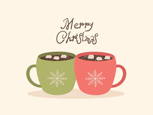 Christmas Mugs With Hot Cocoa Or Coffee, Creamer, Can Be Used For Greeting Cards, Party Invitations, Posters Or Stickers. Vector Illustration.