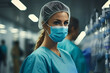 © vachom - Portrait of a young female doctor wearing surgical mask and cap.
