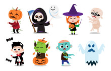 Cute Halloween Cartoon Characters . White Isolated Background . Vector . Set 3 Of 4 .