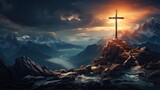 Fototapeta Na ścianę - Krzyż Chrystusa na szczycie góry. Promienie słońca padają z nieba na krzyż Jezusa. 