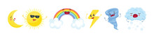 Weather Forecast Icon Set In Cartoon Style. Clouds, Sun, Moon, Rain, Thunderstorm, Snow, Rainbow. Cute Weather Emoticon.