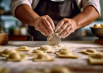 Man making fresh vegetarian ravioli pasta on kitchen table with flour.Macro.AI Generative