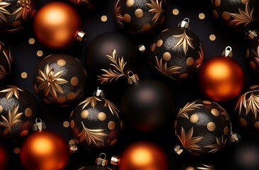 Poster - Christmas orange black sphere toys background. Generate Ai
