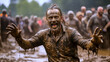 Mud race, funny dirt party, man is super happy, playground for men, open air in the mud, generative ai