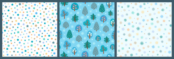Wall Mural - Christmas scandinavian seamless pattern collection frosty winter theme. Simple repeat designs tile for christmas wrapping paper, textile print, fabric, wallpaper. Cold muted bright colors winter bg.