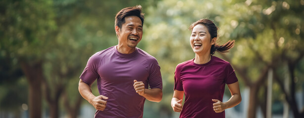active, caucasian, couple, man, cheerful, jogging, male, outdoors, together, woman. cheerful couple running outdoors when sunset at park or stadium. activity outdoors for healthy and heart rate.