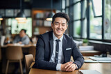 Fototapeta  - portrait, business, businessman, office, opportunity, business person, confidence, leadership, smile, elegance. portrait image is close up businessman at co-working space. behind have customer.