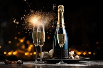 celebration, christmas, bubble, drink, gold, luxury, wine, alcohol, champagne, event. anniversary party is coming celebrate. luxury champagne put on night dinner with candle and bunch of flowers.