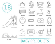 Baby Product Editable Stroke Outline Icons Set. Baby Gym Shooter Dining Set High Chair Crib Rocking Horse Scooter Ball Game Console Head Slides Swing Train Wet Wipes Rubber Duck Seesaw Milk Warmer