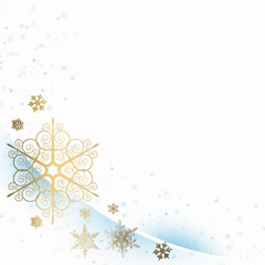 Wall Mural - White winter and Christmas background with golden snow flakes and blue modern curves.
