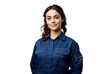 Wall Mural - gentle smiling woman technician, in dark blue work clothes, png isolated on white transparent background