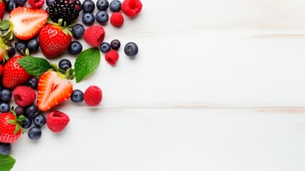 Wall Mural - top view of fresh fruits, vegetables and berries on white background