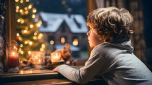 Child Waiting For Santa Claus Looking Out The Window At A Christmas Landscape. Children's Christmas Illusion. Merry Christmas. Generative Ai.