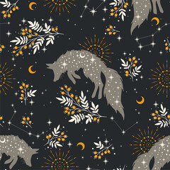 Wall Mural - Magical seamless pattern with fox, plants, stars, moons and constellations. Boho pattern. Can be used for fabric, wallpaper, textile.