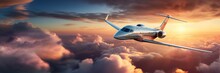 Luxury Private Jet Flying Above The Clouds, Beautiful Sunset On Background. Travel And Airplane Concept. Generative AI