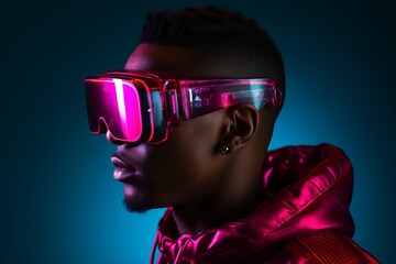 a young dark-skinned african man wearing new revolutionary gaming technology - virtual or augmented reality glasses, studio portrait on neon magenta and cyan background, copy space for text