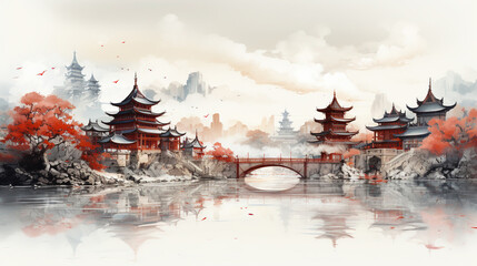 Ancient Architecture Style of Chinese City with Lake and Bridge White Background As Sketch Painting