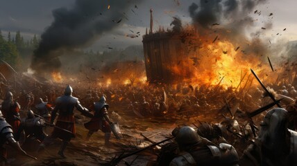 Wall Mural - Medieval battle between two armies created with Generative AI