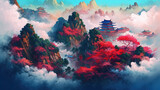 Fototapeta Natura - Aerial View of Dense Clouds with Mountains and Trees Painting of Japanese Theme