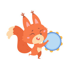 Cute squirrel playing tambourine, baby animal holding traditional percussion instrument