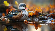 Beautiful Mandarin Duck Reflection In Duck Pond At Golden Hour Selective Focus