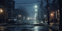A Desolate Street At Foggy Night By A Flickering Street Lamp