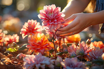 Poster - a female florist carefully choosing flowers in the garden for bouquet