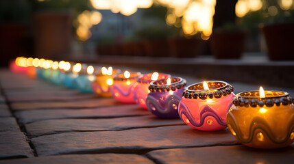 Wall Mural - A row of clay diyas lit outside a house for diwali in India. Generative Ai