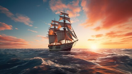 Wall Mural - Sailing ship in the middle of the sea, AI generated Image
