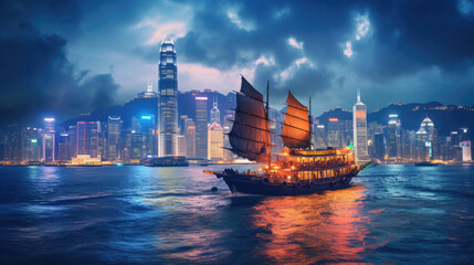 Victoria Harbour Hong Kong night view with junk ship on foreground