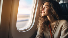 Young Woman Traveler Looking View At Window In Airplane With Happiness And Relaxing